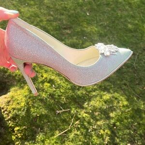 Bruno Magli Silver shimmer sparkle heels stilettos jeweled size 9.5 EU40 wedding